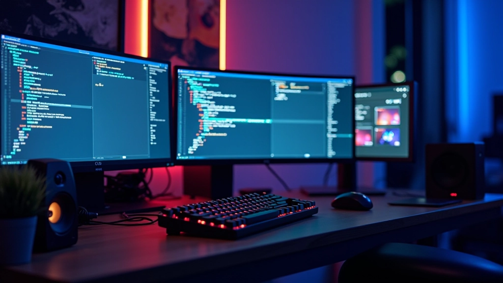 Modern game development studio workspace with computers and gaming setup